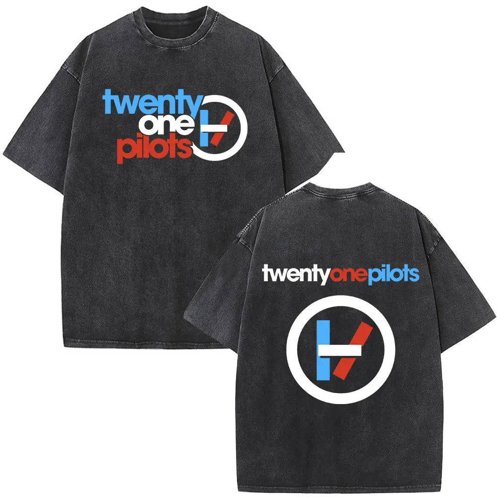 تي شيرت Twenty One Pilots Vintage Washed للنساء والرجال تي شيرتات هيب هوب عصرية من القطن تي شيرت كاجوال كبير الحجم ملابس الشارع تي شيرتات
