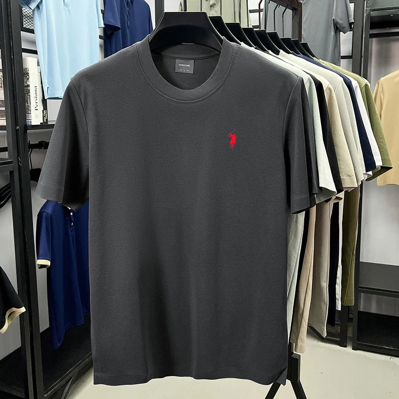 تي شيرت رجالي من علامة تجارية راقية مطرز برقبة دائرية وأكمام قصيرة وعصري غير رسمي مصنوع من القطن القابل للتنفس ويمتص العرق