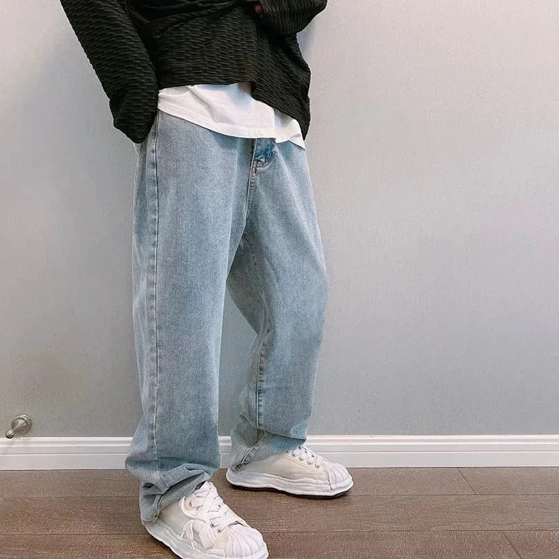 Hip Hop Harajuku Men Baggy Jeans Light Blue Straight Oversize Casual Wide Leg Denim Pants Streetwear Loose Korean Trousers
