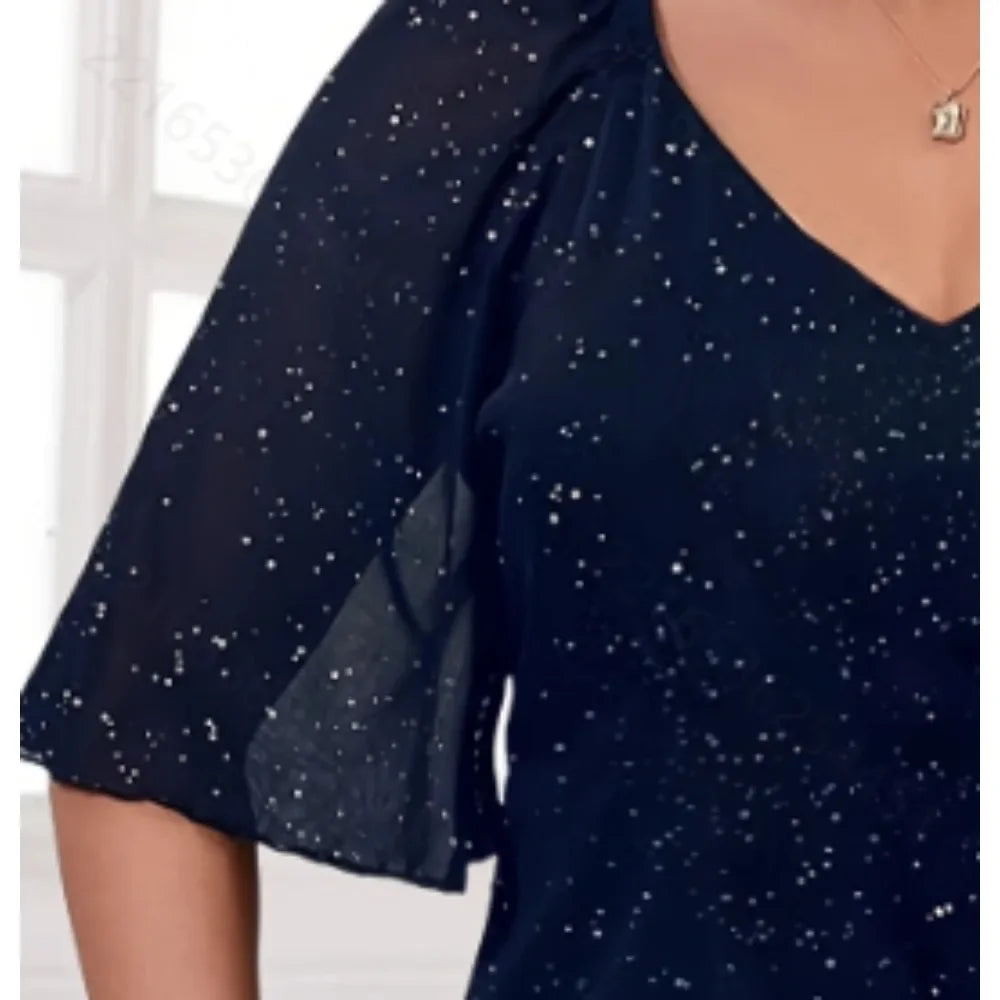 Plus Size Women's Fashion V-Neck Elegant Dress Casual V-neck Waist Cinched Dress Versatile and Elegant Lotus Leaf Hem Dress