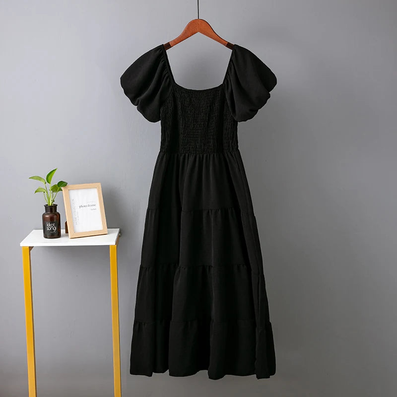 Elegant Solid Long Dresses Summer New Sexy Backless Slash Neck Elastic Dress Women High Waist Puff Sleeve Maxi Dress Elegant