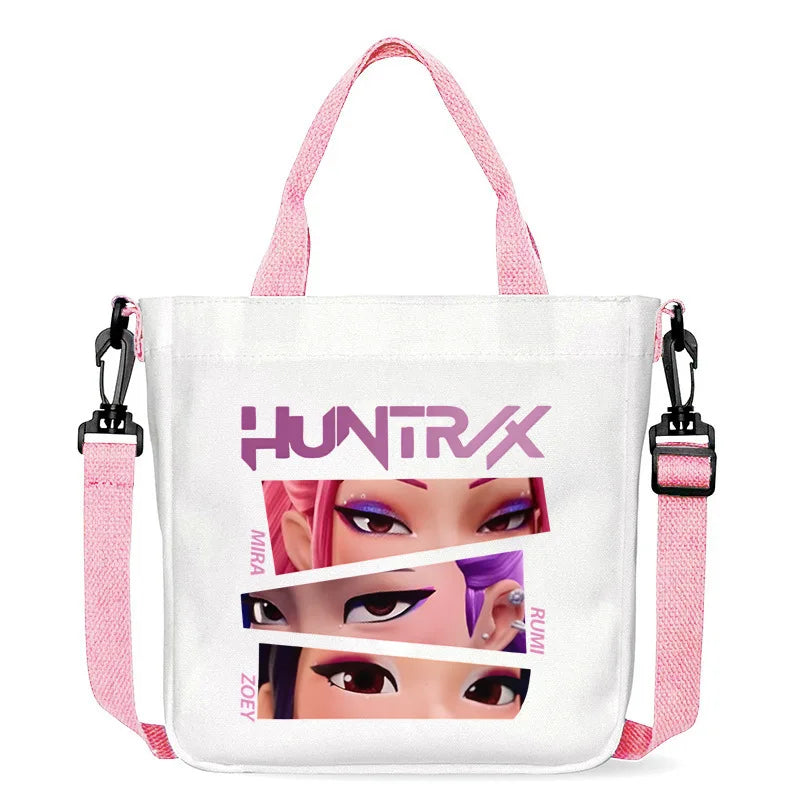 حقيبة قماشية للفتيات بتصميم صيادي أنمي شياطين من كيبوب، حقيبة يد مربعة أرجوانية بسيطة، حقيبة كتف متقاطعة، هدية عيد ميلاد