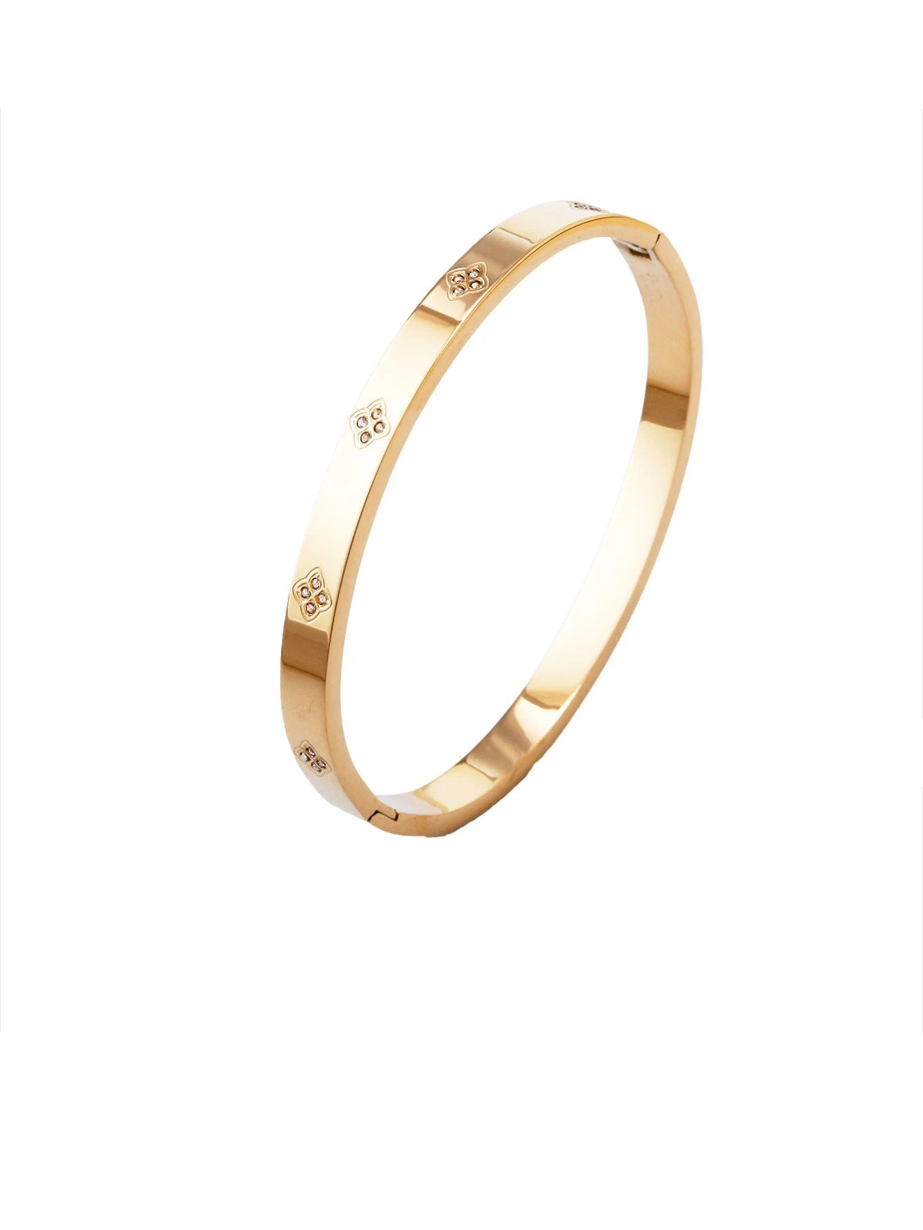 سوار أنيق من الفولاذ المقاوم للصدأ مع زهرة البرسيم الرباعية الماسية، خصر صغير، سوار مجوف من زهرة البرسيم الرباعية للنساء