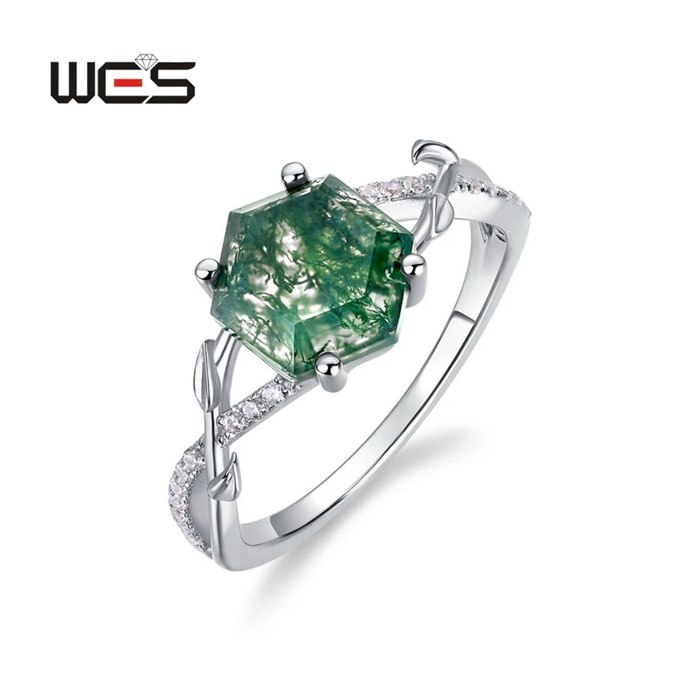 خواتم خطوبة فريدة من نوعها من الفضة الإسترليني عيار 925 من WES مقاس 7*9 مم مصنوعة من العقيق الطحلب الطبيعي للنساء، مجوهرات غابة بوهو، هدية لها بالجملة