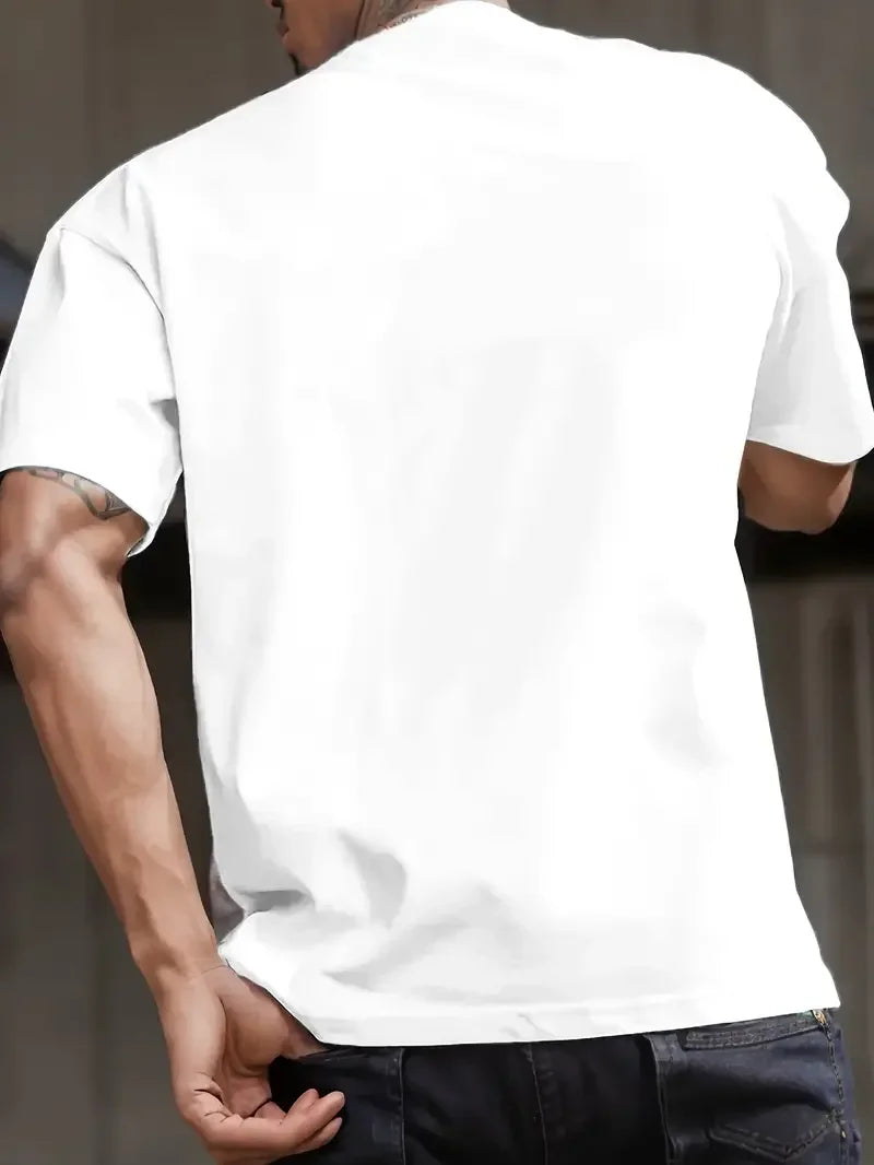 تيشيرت جديد بأكمام قصيرة، مطبوع عليه قمم جبلية، مصنوع من القطن الخالص، بياقة دائرية، أبيض، بتصميم عصري للرجال.