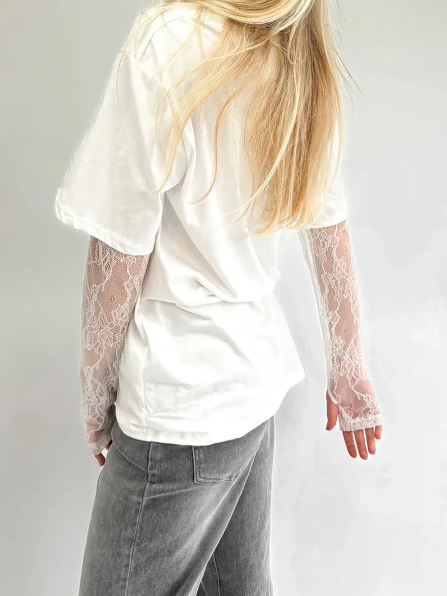 تيشيرت نسائي برقبة دائرية وأكمام طويلة من الدانتيل، مناسب للإطلالات الكاجوال، مثالي لفصلي الربيع والخريف، بقصة فضفاضة، لون موحد، مناسب لملابس الشارع، مستوحى من موضة الألفية الجديدة.
