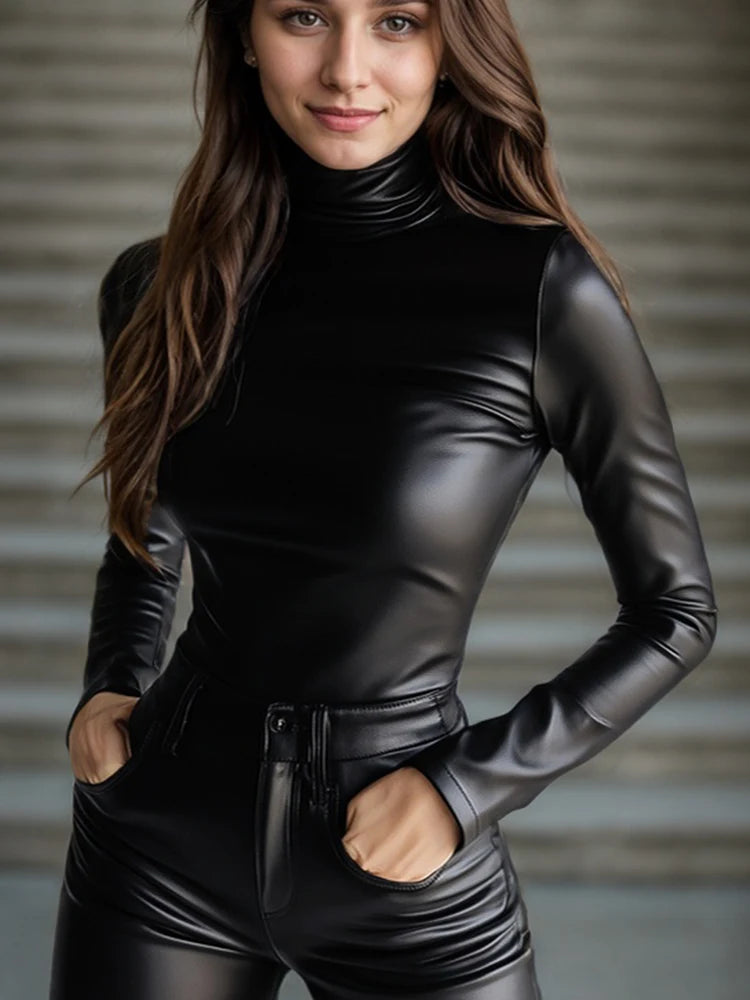 تي شيرت نسائي من جلد البولي يوريثان، رقبة مدورة، أكمام طويلة، نحيف، سادة، كاجوال، طراز قوطي، 2025، تي شيرتات كاجوال سادة
