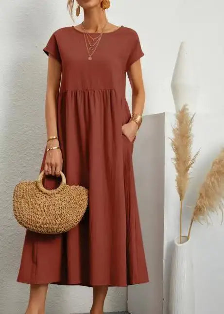 Women Vintage Solid Dress 2023 Summer Elegant O Neck Short Sleeve Cotton Linen Dresses Female Casual Loose Sundress Long Dress