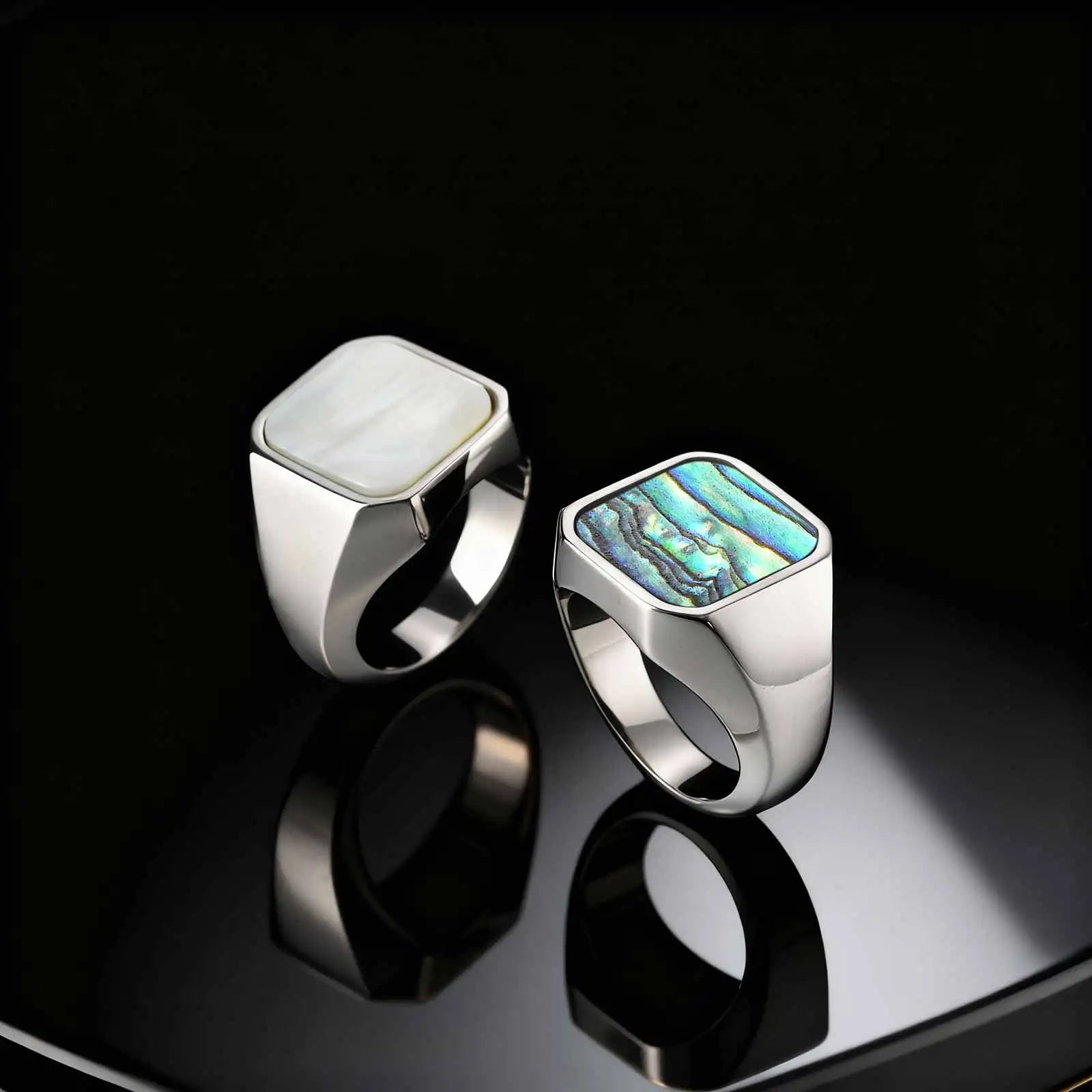 Trendy Punk Abalone Shell Stainless Steel Chunky Signet Ring for Men, Waterproof Hip Hop Party Finger Jewelry Size7 8 9 10 11 12