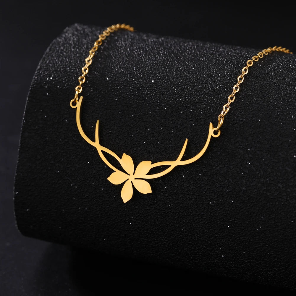 Lucktune Flower Antler Pendant Necklace Stainless Steel Gold Color Chain Necklace for Women 2025 Trendy Kpop Jewelry Party Gift