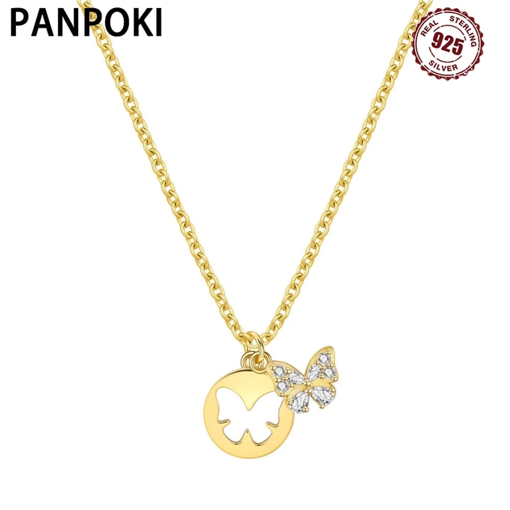 PANPOKI S925 Sterling Silver Golden Sparkling Butterfly Pendant Necklace for Women Birthday Gifts Fashion Fine Jewelry