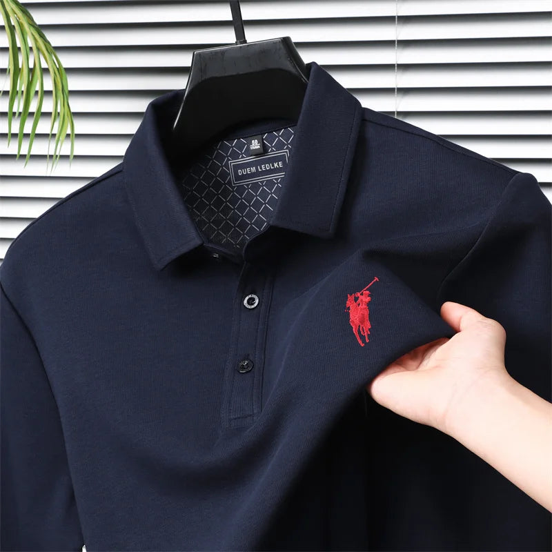 قميص بولو رجالي بأكمام طويلة لخريف وشتاء 2025، قميص بولو كاجوال للأعمال مع شعار حصان صغير