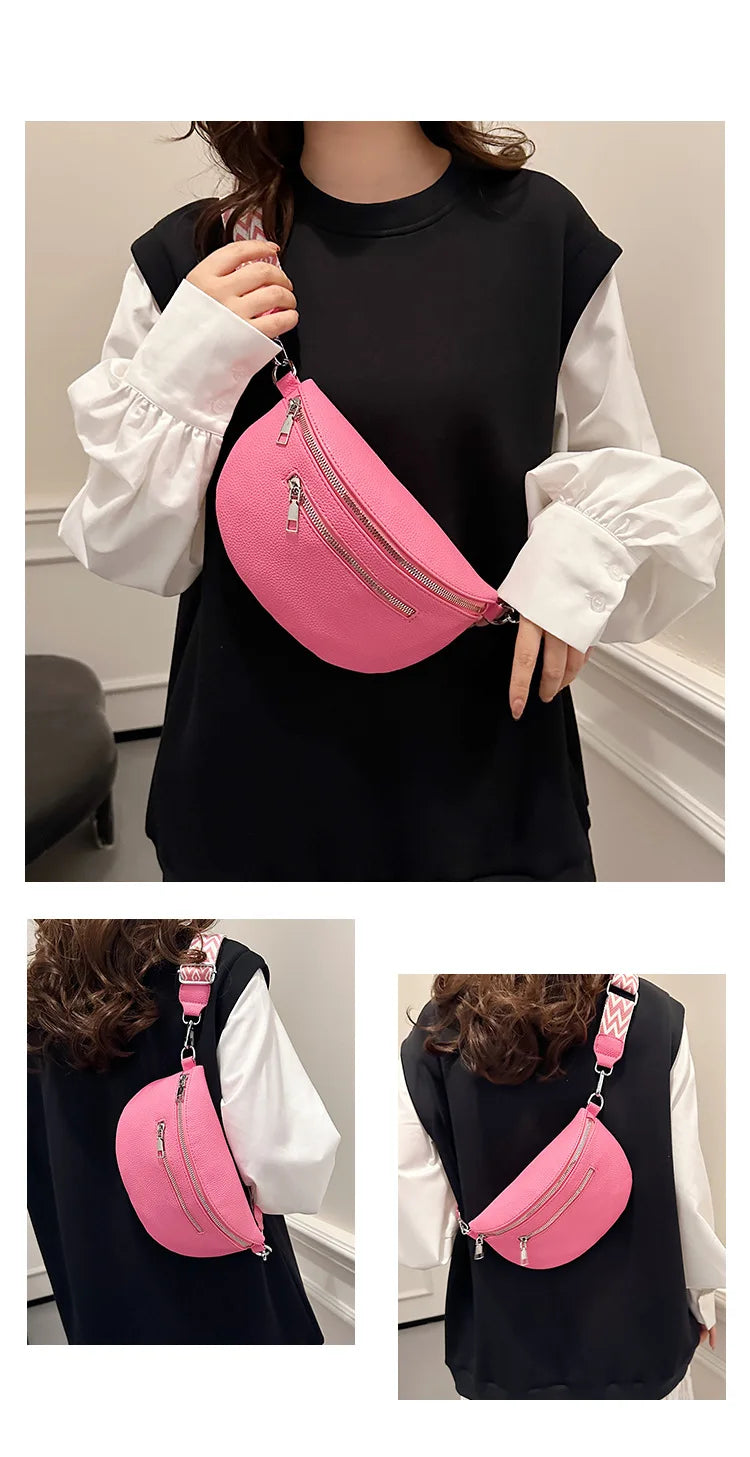 Women's Waist Bag Multi-pocket Street Fanny Pack PU Leather Chest Bag Fashion Wide Strap Crossbody Bag Retro Solid Shoulder Bags
