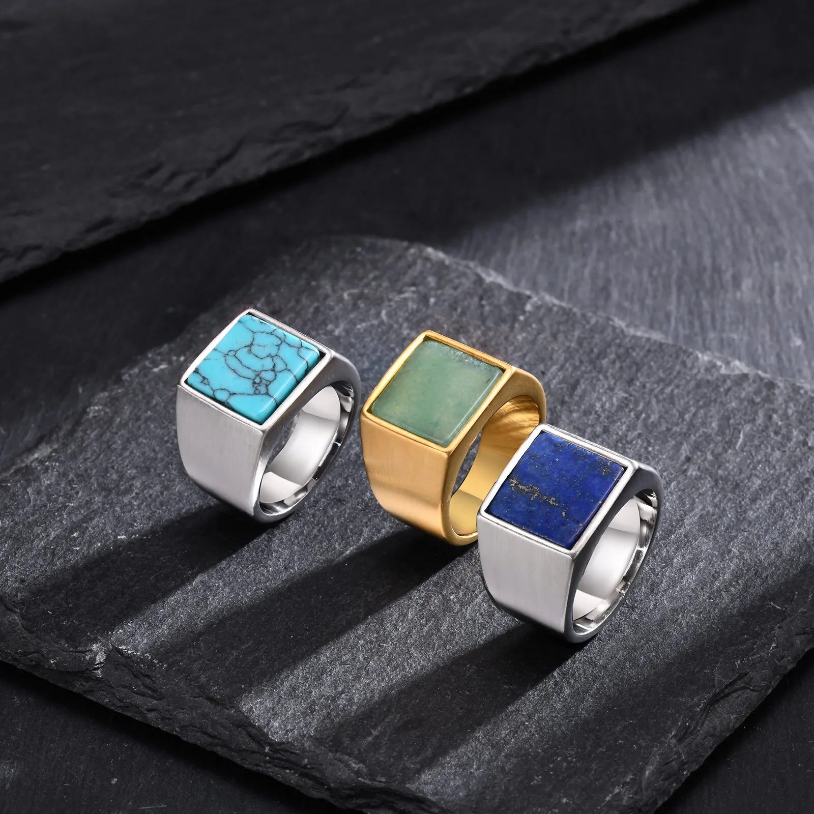 Natural Green Stone Ring for Men Boys,Gold Color Stainless Steel Stamp Ring Thumb Ring Square Ring,Punk Stylish Jewelry Gift