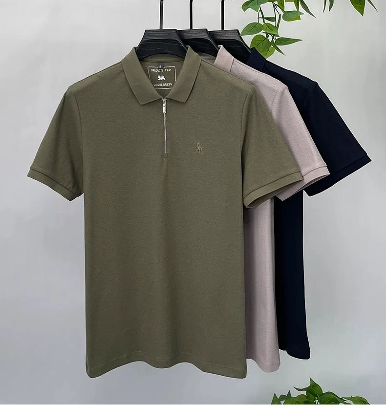 قميص بولو بأكمام قصيرة مطرز على شكل حصان من علامة تجارية عالية الجودة، اتجاه فريد بنصف سحاب فاخر، تي شيرت بول، مصمم ملابس رجالية جديدة