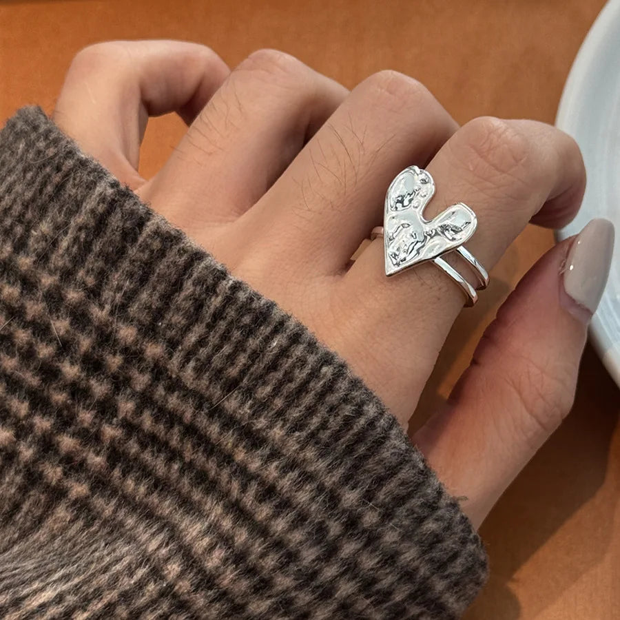 خاتم مفتوح من الفضة الإسترليني عيار 925 بتصميم بانك على شكل قلب، بتصميم هندسي غير منتظم، قابل للتكديس، هدية مجوهرات للنساء والفتيات، خدمة توصيل مباشرة بالجملة