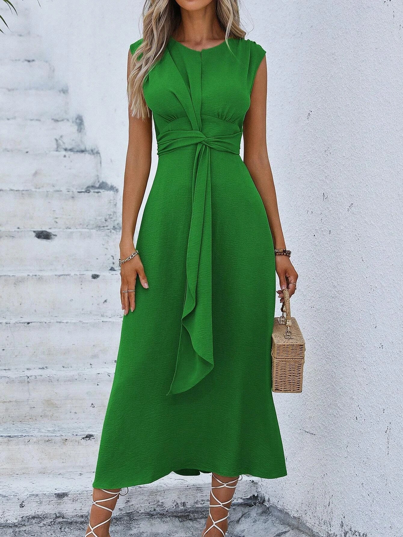 Women's Solid Color A-Line Dress Sleeveless Front Thin Straps Elegant Belted Midi Dress for Summer