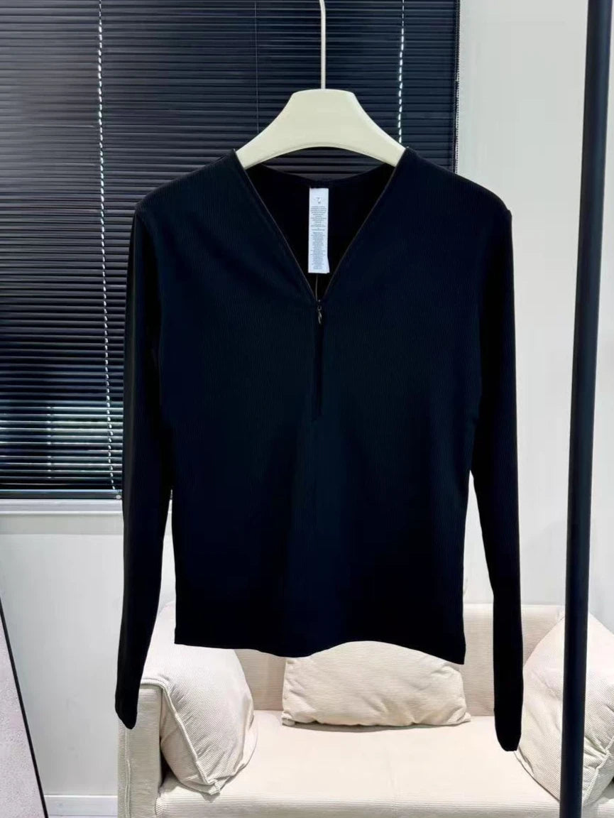 قميص نسائي رياضي خريفي برقبة على شكل حرف V وسحاب مضلع للياقة البدنية غير رسمي متعدد الاستخدامات بأكمام طويلة وقميص يوجا