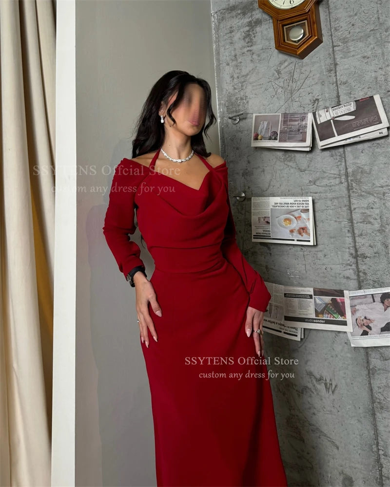 SSYTENS Elegant Red Long Sleeves Evening Dresses Off Shoulder Halter Neck Party Dress for Women Saudi Formal Gowns Customized