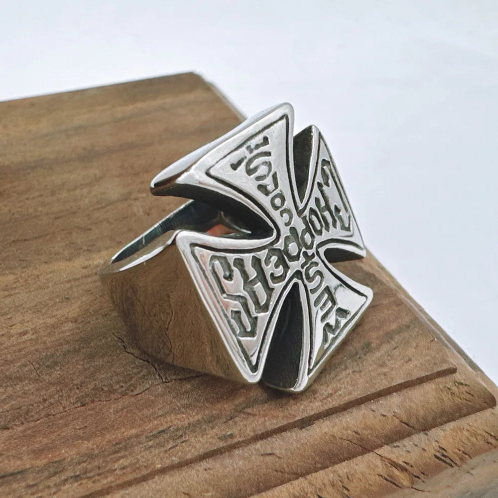 خاتم متقاطع من الفولاذ المقاوم للصدأ 316L مجوهرات راكبي الدراجات النارية والبانك للرجال خاتم عصري للدراجات النارية