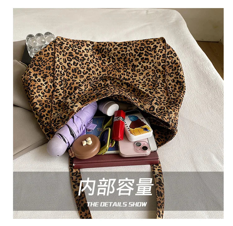 حقيبة حمل بنقشة جلد النمر، حقيبة كتف من القماش العتيق، حقيبة يد عصرية بسعة كبيرة للعمل المدرسي والتسوق