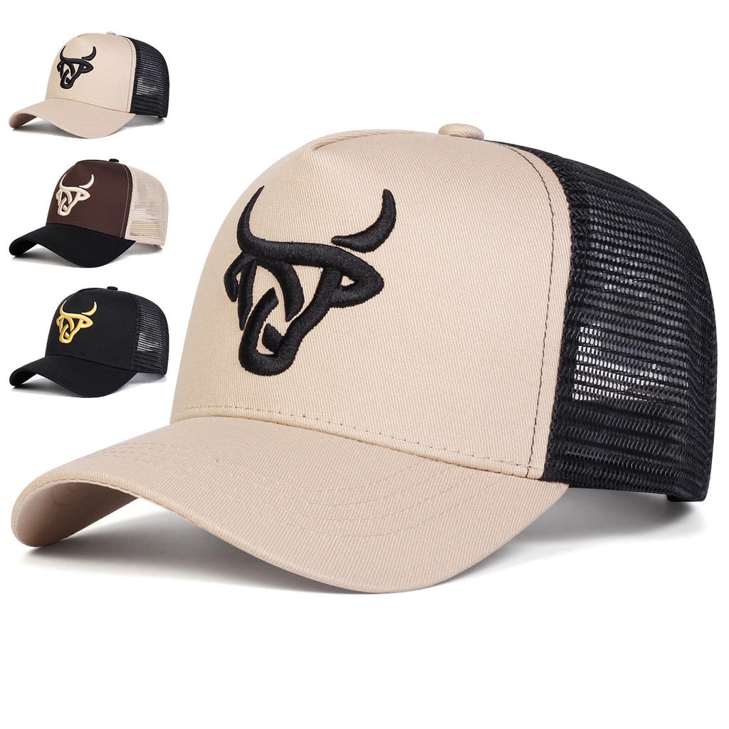 قبعات بيسبول شبكية مطرزة برأس ثور للجنسين قابلة للتعديل للاستخدام في الهواء الطلق وقبعة واقية من الشمس كاجوال للربيع والصيف