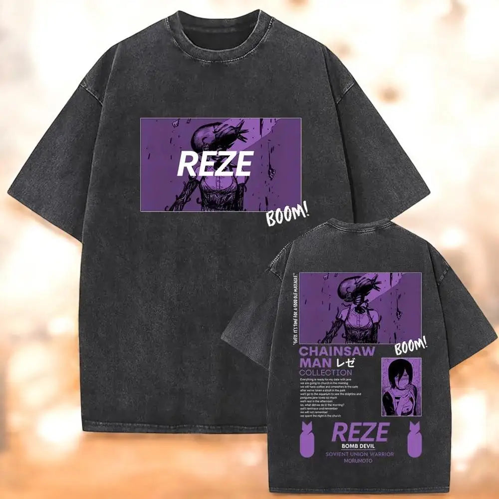 تي شيرت Chainsaw Man X Reze Devil T-Shirt بغسيل حمضي كبير الحجم من الرسوم المتحركة Mange للرجال والنساء ملابس الشارع الكلاسيكية بأكمام قصيرة للرجال والنساء