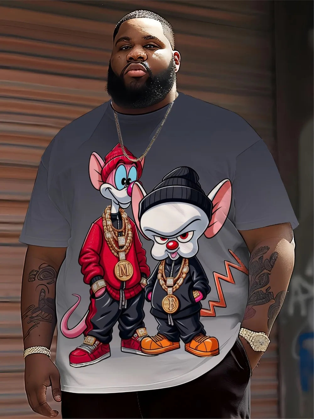 تيشيرت رجالي مطبوع عليه رسومات حيوانات كرتونية بأسلوب الهيب هوب، برقبة دائرية، مصنوع من البوليستر بنسبة 100%، مناسب للارتداء اليومي.