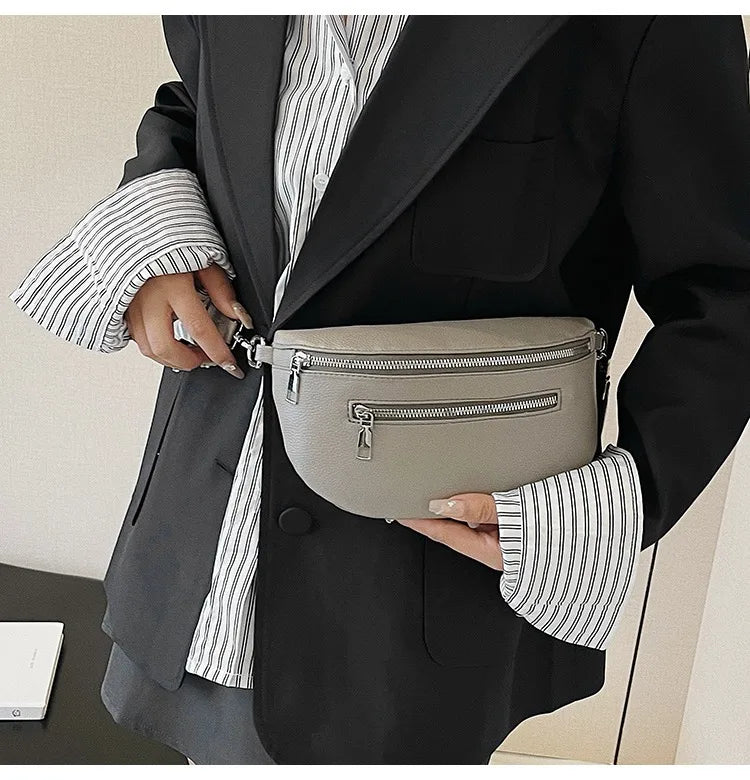 Women's Waist Bag Multi-pocket Street Fanny Pack PU Leather Chest Bag Fashion Wide Strap Crossbody Bag Retro Solid Shoulder Bags