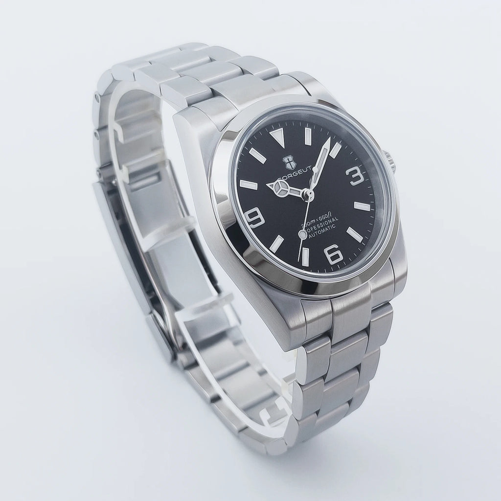 ساعة يد ميكانيكية أوتوماتيكية فاخرة من كورجيوت مقاس 36 مم/39 مم، باللونين الأبيض والأسود، أرقام للرجال، ساعة من الكريستال الياقوتي 10 بارات