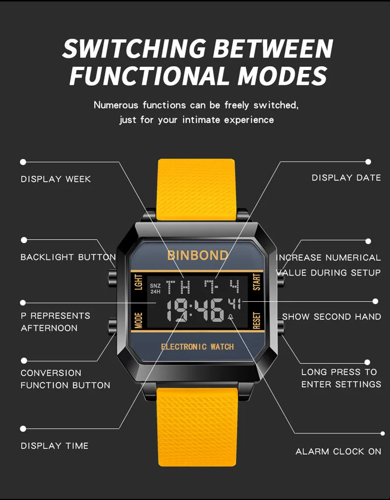 ساعة رجالية رياضية متعددة الوظائف منبه مقاومة للماء حزام سيليكون للرجال ساعات يد إلكترونية أنيقة للطلاب