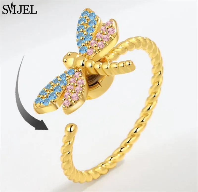 خواتم فاخرة دوارة على شكل حيوانات لتخفيف التوتر للنساء، خواتم دوارة لطيفة على شكل زهرة وقلب ويعسوب، خاتم مضاد للتوتر، مجوهرات زفاف
