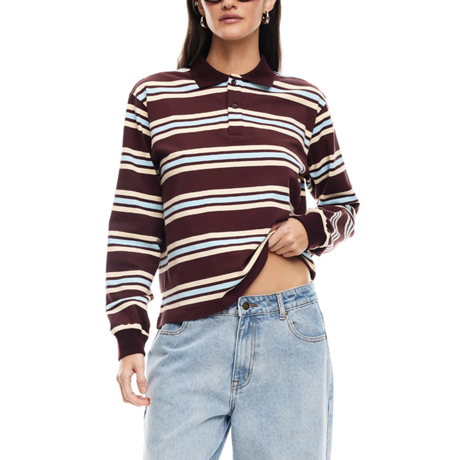 Combhasaki Women Y2K Vintage Striped T-Shirt Contrast Color Long Sleeve Lapel Neck Half Button-up Aesthetic Casual Pullover Tops