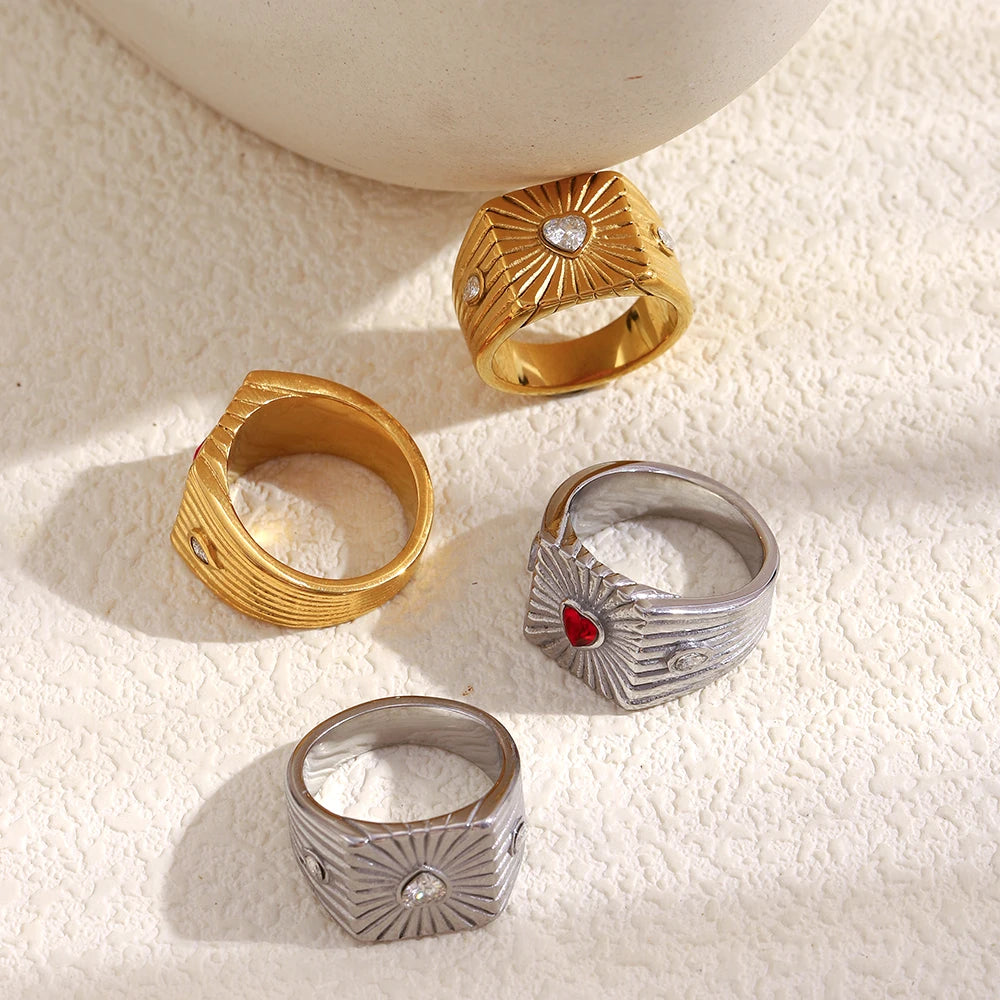 خاتم ماما سيتا سلاي عريض من الفولاذ المقاوم للصدأ 316L مرصع بالزركون على شكل قلب، مقاوم للماء، هدية مثالية للذكرى السنوية للنساء، مطلي بالذهب عيار 18 قيراطًا