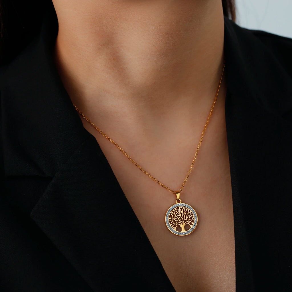Skyrim Tree of Life Necklace for Women Stainless Steel Gold Color Clear Zircon Round Pendant Neck Chains Luxury Wedding Gift