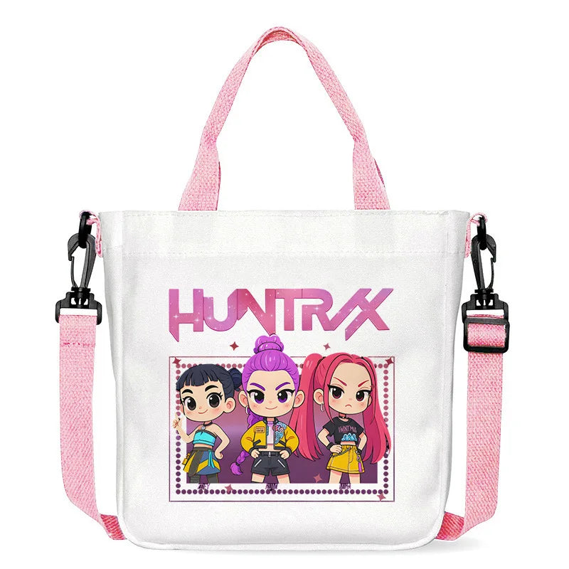 حقيبة قماشية للفتيات بتصميم صيادي أنمي شياطين من كيبوب، حقيبة يد مربعة أرجوانية بسيطة، حقيبة كتف متقاطعة، هدية عيد ميلاد