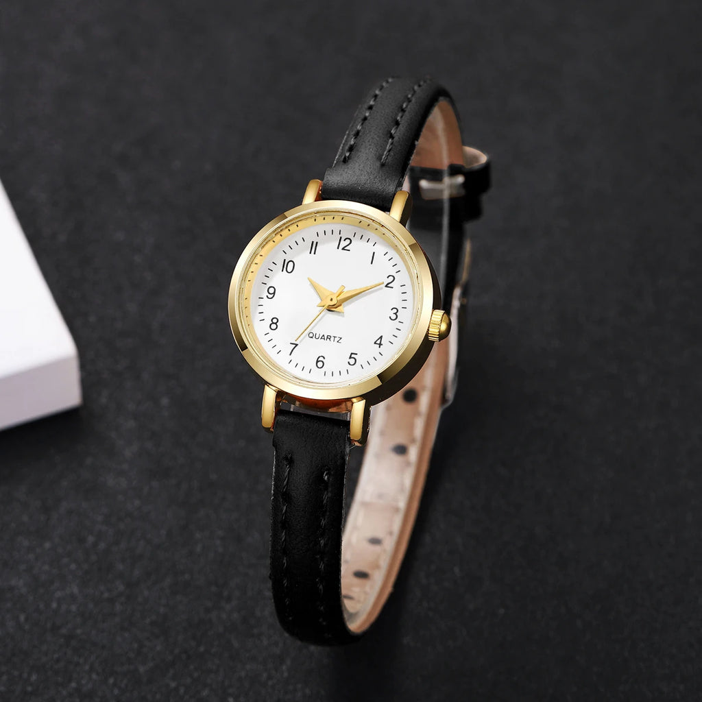 ساعة يد نسائية كوارتز صغيرة الحجم بسوار جلدي (بدون علبة)