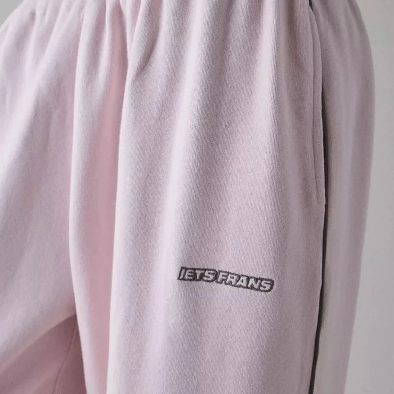 Pink Embroidered Comfortable Loose Elastic Waist Straight Leg Pants Women's Casual Trousers Elegant Style Digital Printing