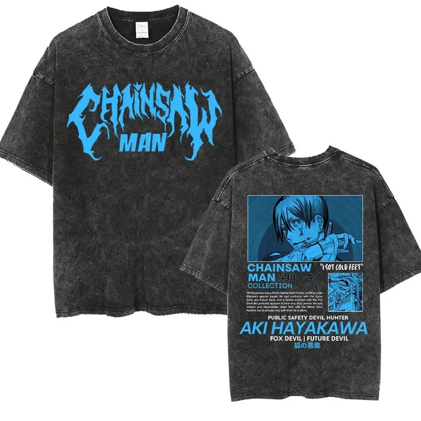 تي شيرت مطبوع عليه Power Print T-shirt Chainsaw Man Reze Arc Anime Men Women بأكمام قصيرة من القطن بتصميم عتيق مغسول ومقاس كبير من Harajuku كاجوال