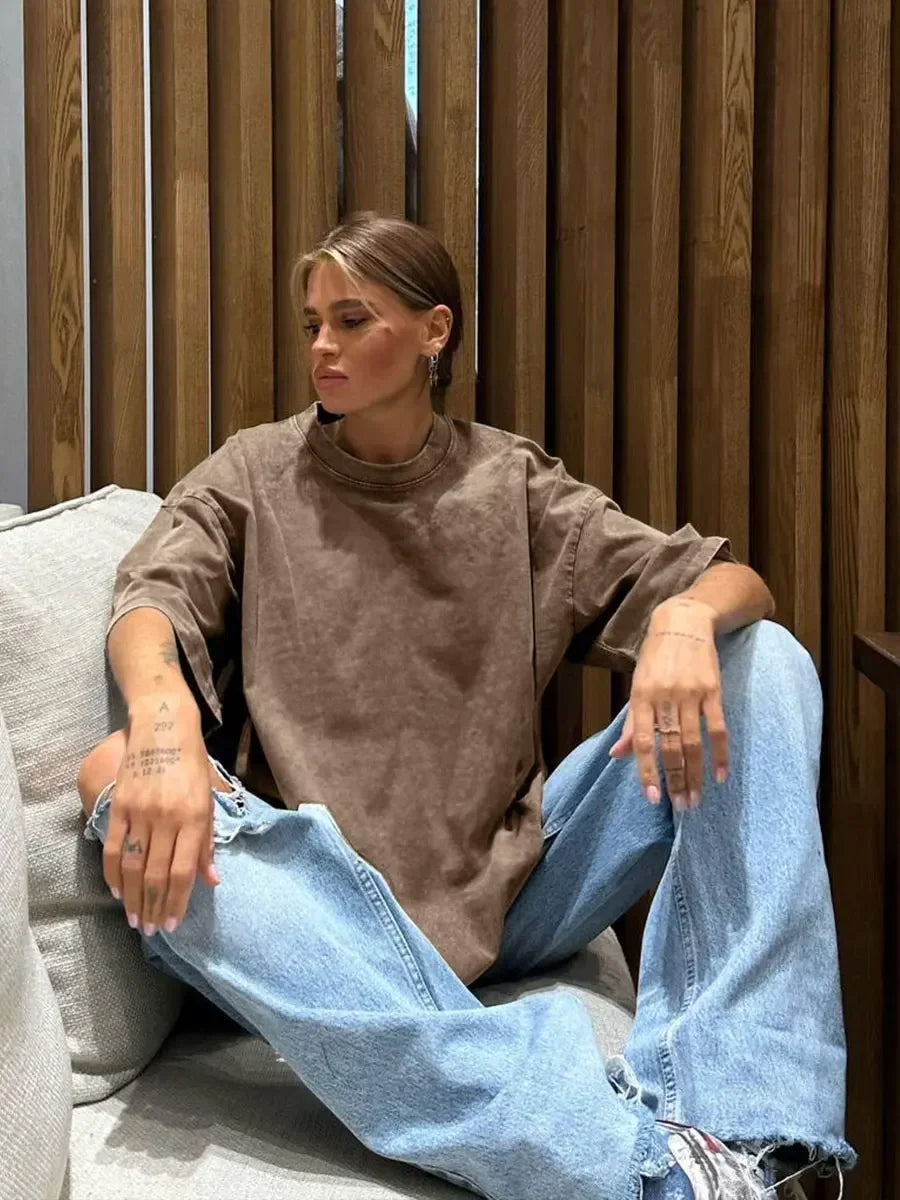 Wolfeel 100% Cotton Retro T-shirt Women Vintage Short-sleeve Wax printing T Shirts Men Solid Color Hip Hop Loose Tees