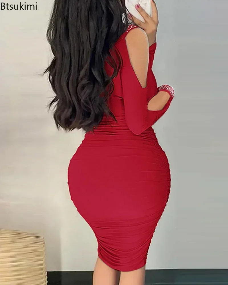 2025Women's Sexy Elegant Off Shoulder Party Tight Dress Red Color V-Neck Hollow Out Diamond Long Sleeve Stacked Slim Dress Women