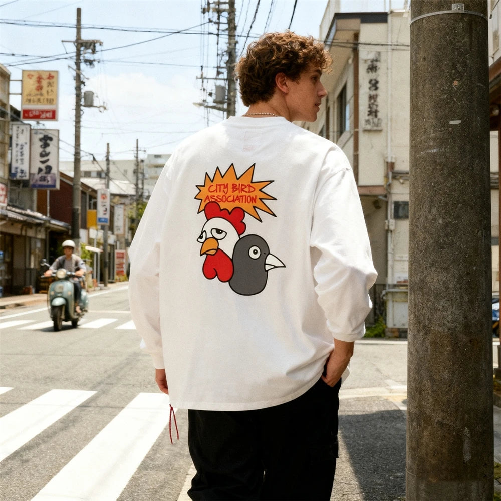 تي شيرت رجالي فضفاض بأكمام طويلة مطبوع عليه KUCLUT 1:1 على الطراز الياباني 300GSM من أفضل أنواع ملابس الشارع، مقاس كبير، مصنوع من القطن بنسبة 100%