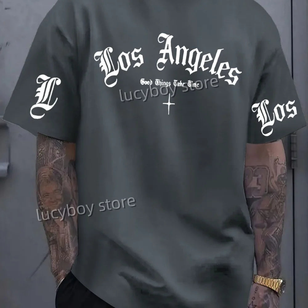 تي شيرت رجالي مطبوع عليه شعار لوس أنجلوس 2025، بأكمام قصيرة، ورياضة كرة قدم، ومقاسات كبيرة، ورقبة مستديرة، وملابس رجالية