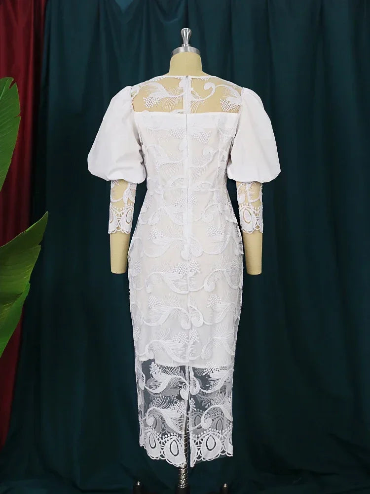 Elegant Women White Lace Dress Puff Sleeve Embroidery Pencil Dress Large Size 4XL Ladies Wedding Birthday Dinner Evening Clothes