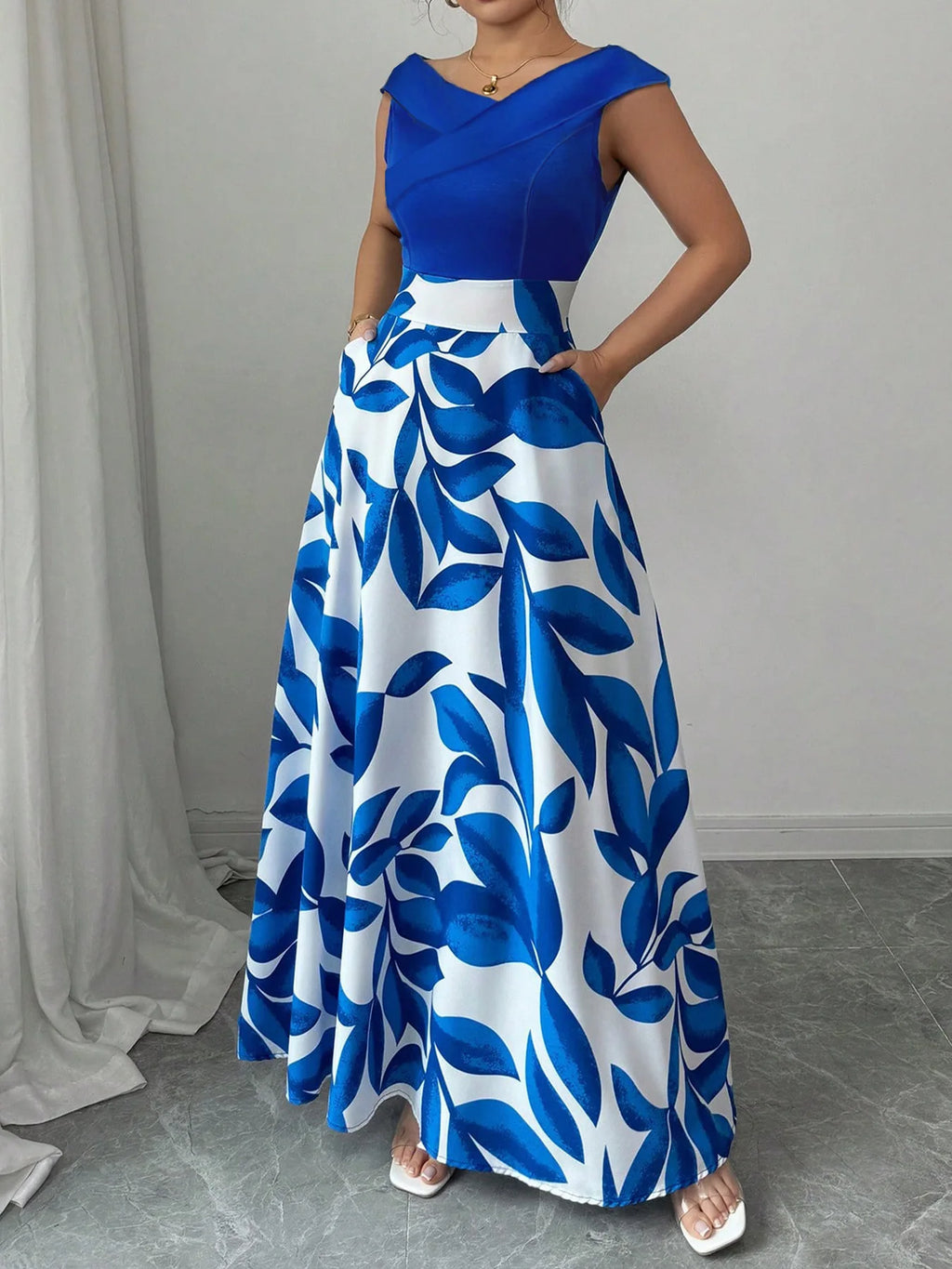 Women Flower Printed V Neck Long Sleeve High Waist Maxi Dress Fashion Color Block Evening Events Garden Party Elegant Dresses