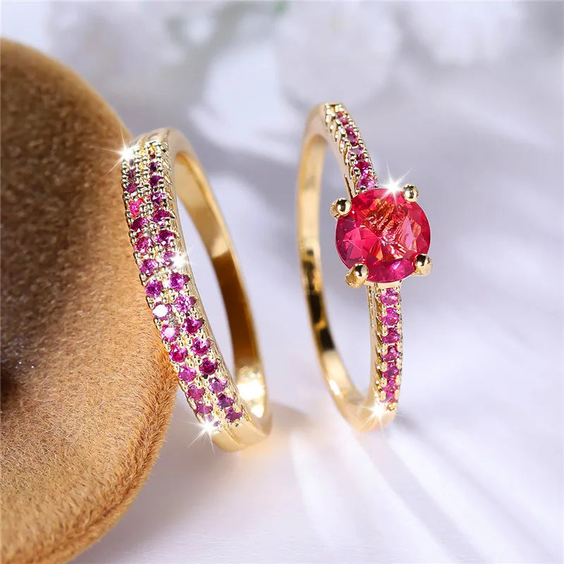 طقم خاتم خطوبة دائري مرصع بحجر الزركون الوردي الأحمر الكريستالي، مصنوع من الذهب الأصفر الفاخر، مجوهرات زفاف للنساء