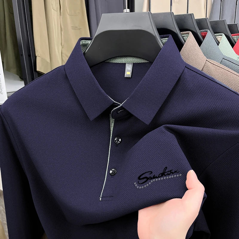 قميص بولو رجالي من ماركة مصممة بأكمام طويلة وياقة دائرية، خريف جديد، مطبوع عليه حروف، مضاد للتجاعيد، ملابس عمل غير رسمية للرجال