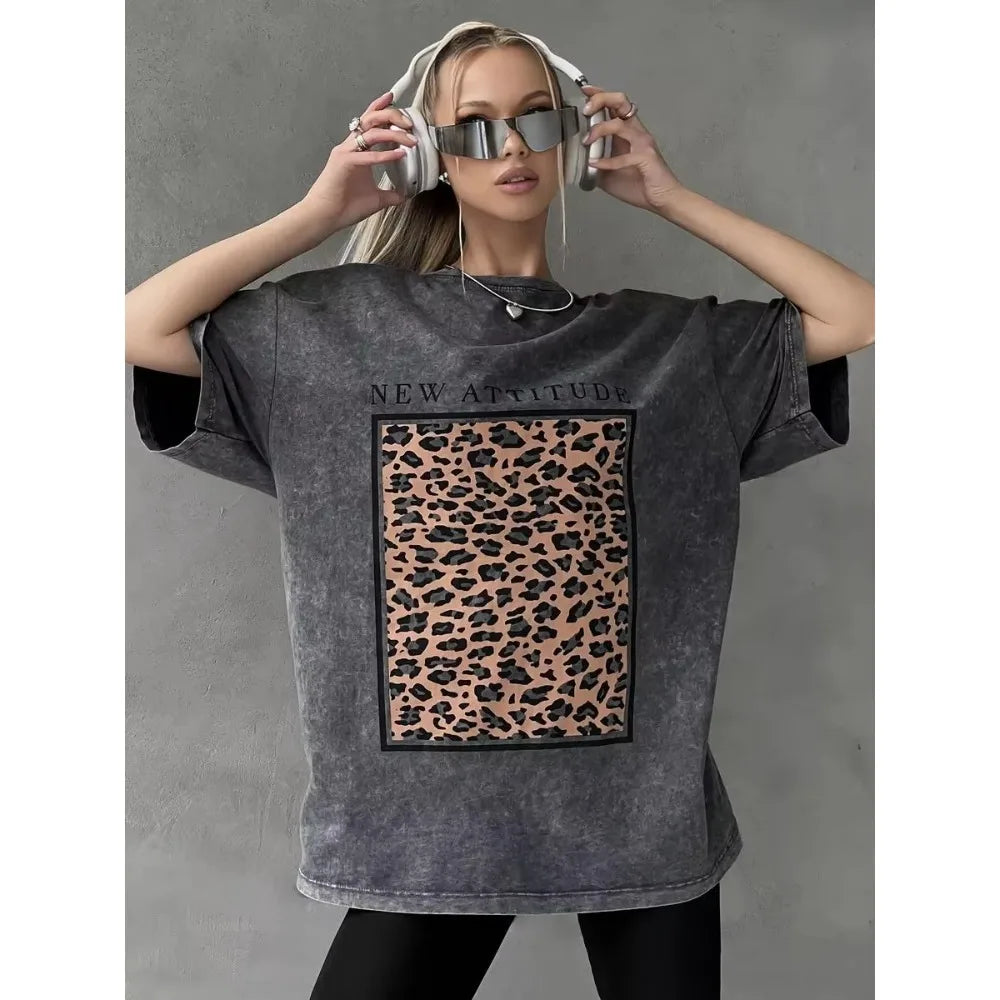 تي شيرت قطني مغسول للنساء، بطبعة جلد الفهد، من New Attitude Fashion، فضفاض، برقبة دائرية، مقاس كبير، بأكمام قصيرة، ملابس نسائية