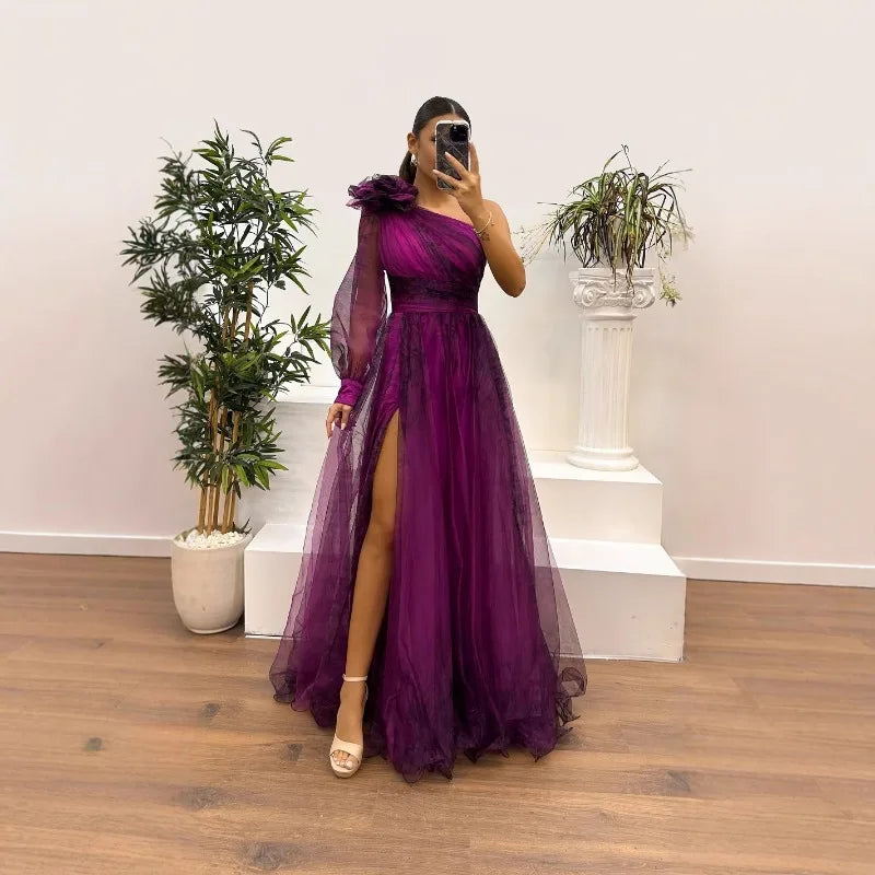 2025 Women Evening Dress Off Shoulder Pleated Long Lantern Sleeve Split Hem Maxi Dress Rhinestone Decor High Waist Party Dresses