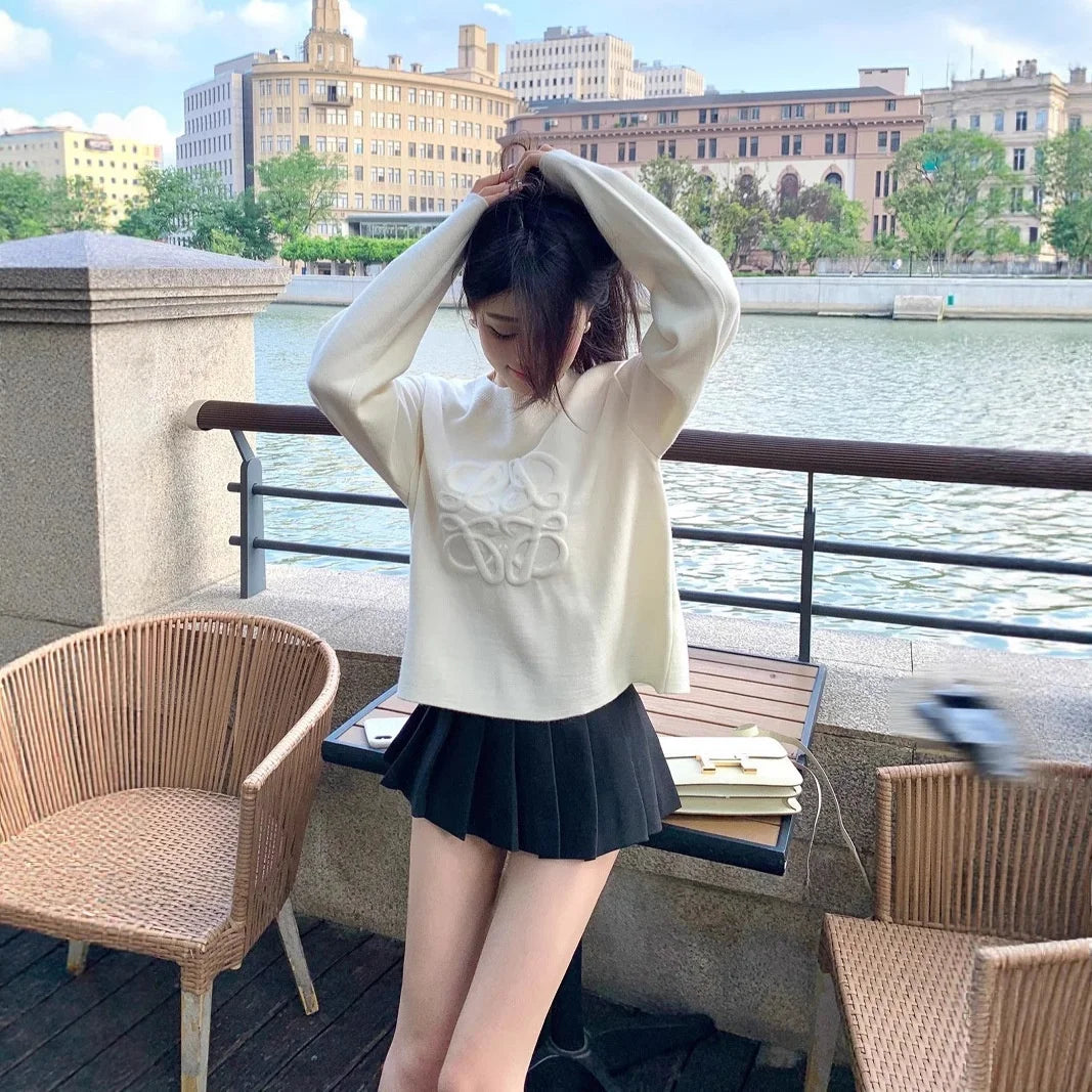 Ladies Casual Knitted 3D Embossed Hoodie Sweater Comfortable Midweight Long Sleeve round Neck Cotton Leisure Style